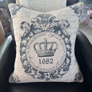 French Country Crown Throw Pillow Neutral Beige Blue Farmhouse Decor